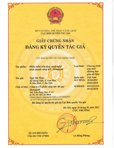 Giấy chứng nhận phần mềm HanaGold