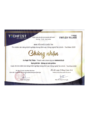 Giấy chứng nhận giải Ba TECHFEST 2021